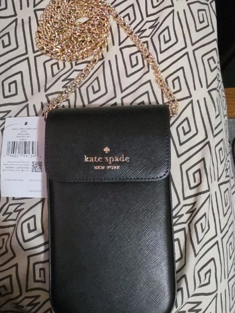 kate spade Black Leather Crossbody Phone Pouch with Gold Chain